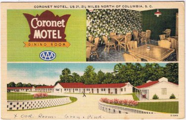 Postcard Coronet Motel Dining Room Columbia North Carolina
