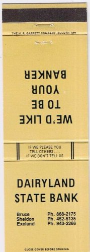 Matchbook Cover Dairyland State Bank Bruce Sheldon Exeland Wisconsin Brown