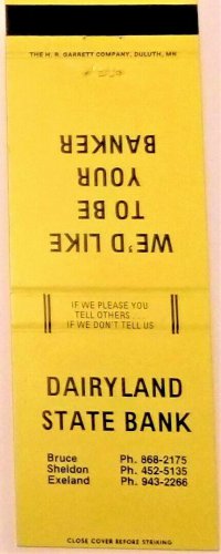 Matchbook Cover Dairyland State Bank Bruce Sheldon Exeland Wisconsin Yellow