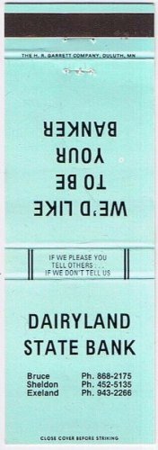 Matchbook Cover Dairyland State Bank Bruce Sheldon Exeland Wisconsin Blue