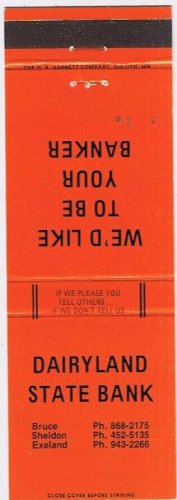 Matchbook Cover Dairyland State Bank Bruce Sheldon Exeland Wisconsin Orange