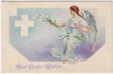 Postcard Best Easter Wishes Angel Lilies Cross