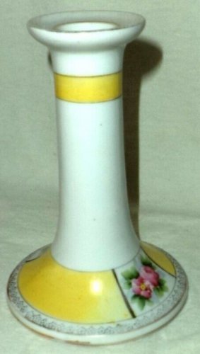Noritake Candle Holder Handpainted White Yellow Floral Panels Gold Trim 5 1/2"