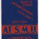 Matchbook Cover Turner's Mustang Pharmacy Drug Store At S.M.U. Dallas Texas Blue