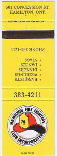 Matchbook Cover Hamilton Fire Fighters Club Hamilton Ontario