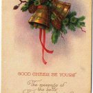 Christmas Postcard Golden Bells Pine Cones Ribbon Good Cheer VINTAGE Made in USA