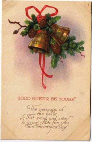 Christmas Postcard Golden Bells Pine Cones Ribbon Good Cheer VINTAGE Made in USA