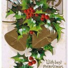 Christmas Postcard Embossed Holly Bells Horseshoes Large Three Ring Cancel
