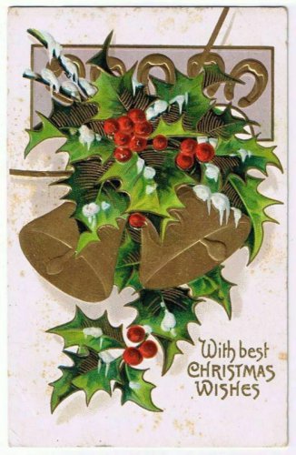 Christmas Postcard Embossed Holly Bells Horseshoes Large Three Ring Cancel
