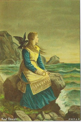 Postcard Knut Ekwall Woman By Seashore Bird On Shoulder Norway