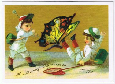 Holiday Postcard Merry Christmas Children Butterfly