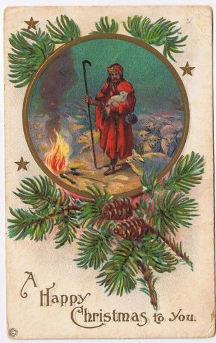 Postcard Embossed Christmas Shepherd Sheep Fire Pine 1917