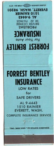 Washington Matchbook Cover Everett Forrest Bentley Insurance