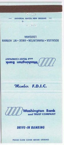Matchbook Cover Washington Bank & Trust Louisiana Savings