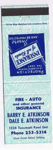 Matchbook Cover Barry & Dale Atkinson Insurance Windsor Ontario