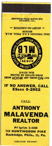 Philadelphia Matchbook Cover Rockledge Anthony Malavenda Realtor