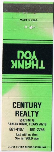 Matchbook Cover Century Realty San Antonio Texas