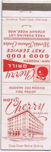 Matchbook Cover Hotel Cherry Wilson North Carolina