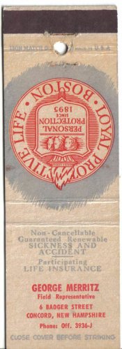 Massachusetts Matchbook Cover Boston George Merritz Loyal Protective Life Lion