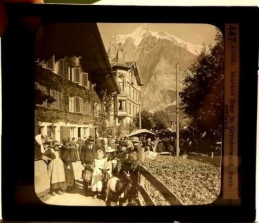 Magic Lantern Glass Slide Market Day in Grindewald Switzerland Keystone 1870s