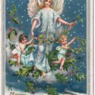 Postcard Merry Christmas Angel With Cherubs Glitter