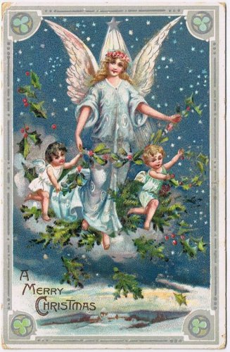 Postcard Merry Christmas Angel With Cherubs Glitter