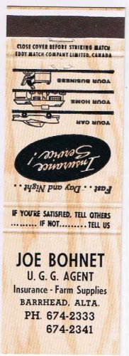 Matchbook Cover Joe Bohnet Insurance Barrhead Alberta