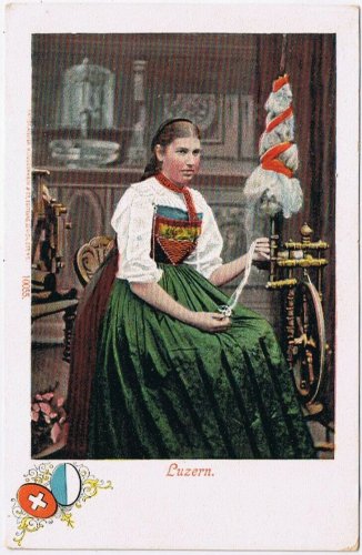 Postcard Luzern Young Lady Spinning Wool