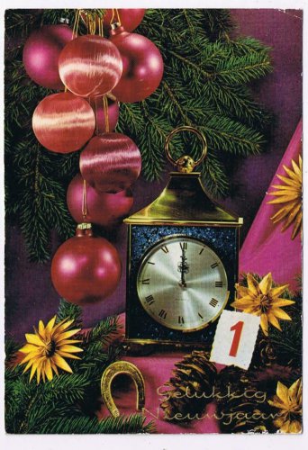 Holland Netherlands Postcard Happy New Year Ornaments Clock Horseshoe