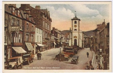 Postcard Town Hall & Main Street Edmondson's Garage Keswick Cumbria England