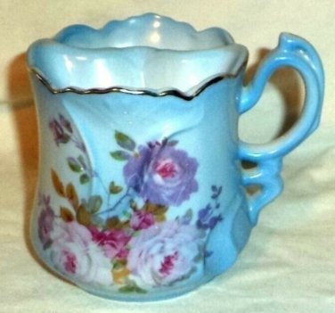 Nippon Hand Painted Moustache Mug With Tea Strainer Blue Embossed Design Flowers