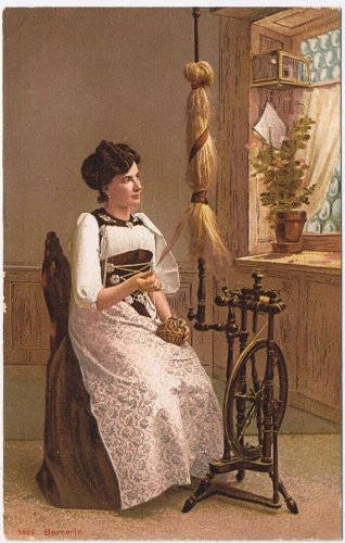Postcard Barnerin Lady Spinning Wool