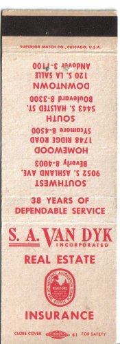 Illinois Matchbook Cover Oak Brook S A Van Dyk Real Estate Insurance Superior
