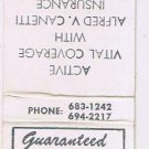 Matchbook Cover Alfred V Canetti Insurance Lancaster New York