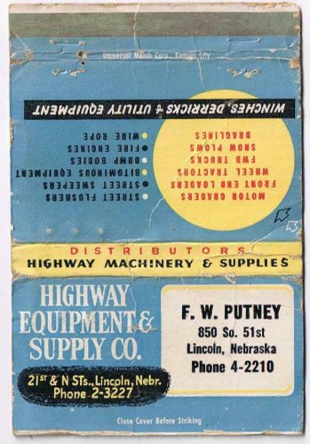 Matchbook Cover Highway Equipment & Safety FW Putney Lincoln Nebraska