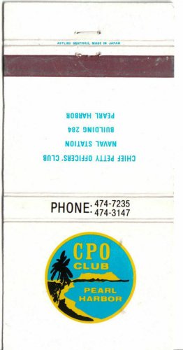 Hawaii Matchbook Cover Pearl Harbor Naval Station Chief Petty Officers Club