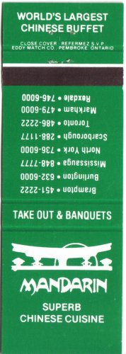 Ontario Matchbook Cover Toronto Mandarin World's Largest Chinese Buffet Eddy