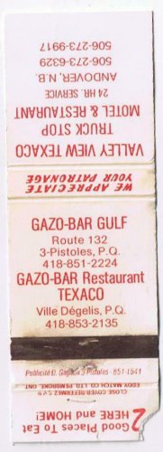 Advertising Matchbook Cover Valley View Texaco Andover NB Gazo Bar Ville Degelis