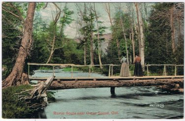 Postcard Rustic Scene Ladies Wooden Bridge Over River Near Owen Sound Ontario