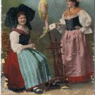 Postcard Two Ladies Spinning Wool & Delivering Letter