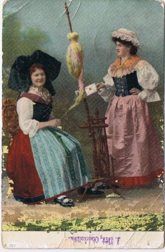 Postcard Two Ladies Spinning Wool & Delivering Letter
