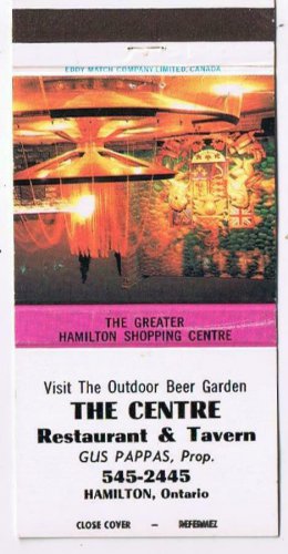 Matchbook Cover Centre Restaurant & Tavern Fountain At Night Hamilton Ontario