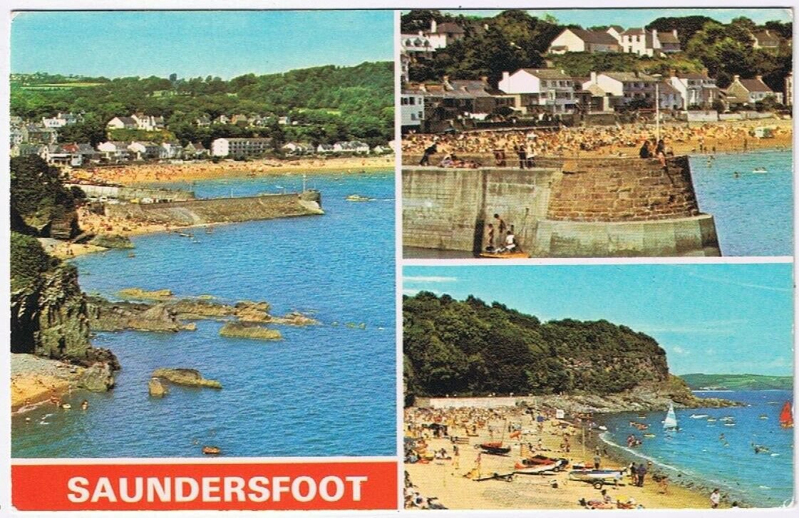 Postcard Saundersfoot Copper Hill Beach View From Harbour Wall Wales UK
