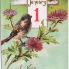 Postcard Embossed New Year Greeting Bird Flowers January 1 Calendar