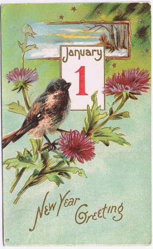 Postcard Embossed New Year Greeting Bird Flowers January 1 Calendar