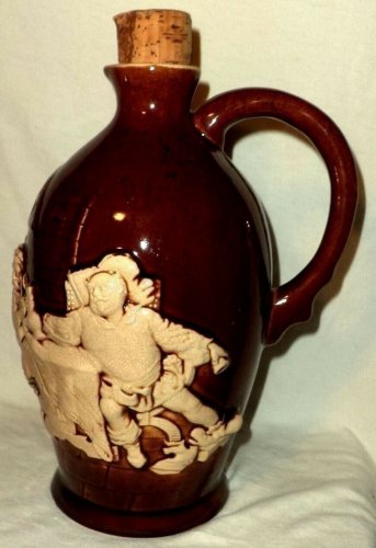 German Brown Jug Pouring Lip Handle Drinking Scene Cork 2043  1.8 Liters 9 1/2"