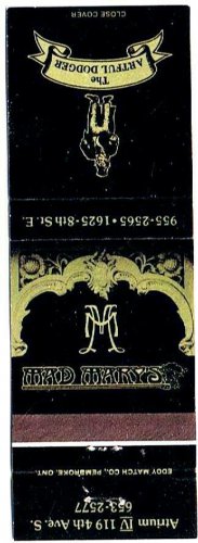 Matchbook Cover The Artful Dodger Mad Marys Saskatoon SK