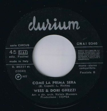 Wess & Dori Ghizzi Canzone A Leopardi 45 rpm Come La Prima Sera Made In Italy