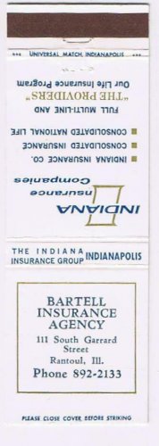 Matchbook Cover Bartell Insurance Agency Rantoul Illinois Indiana Insurance Co