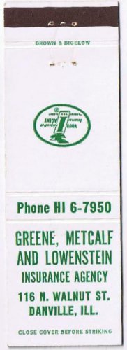 Matchbook Cover Greene Metcalf & Lowenstein Insurance Danville Illinois